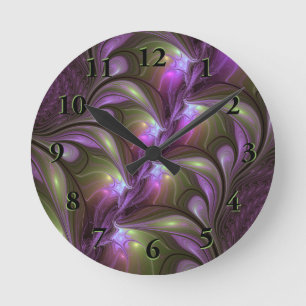 Farbige abstrakte violette lila Khaki-Fraktalkunst Runde Wanduhr