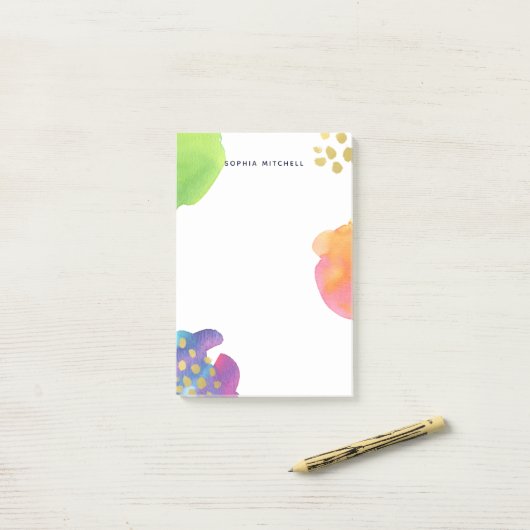 Farbige Abstrakte Wasserfarbe mit Gold Post-it Klebezettel (Auf Schreibtisch)