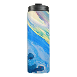 Farbige Acrylmalerei, texturierter Hintergrund. Thermosbecher