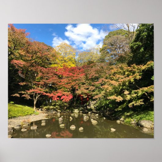 Farbige Ahornbäume nach Teich Poster (Vorne)