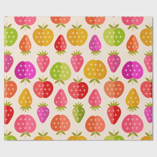 Farbige Äpfel und Erdbeeren mit Retro-Sternen Geschenkpapier (Flach)