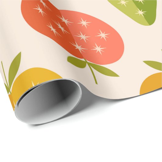 Farbige Äpfel und Erdbeeren mit Retro-Sternen Geschenkpapier (Rolleneckpunkt)