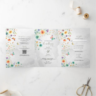 Farbige Aquarell-Blumen-Schmetterling-Hochzeit Dreifach Gefaltete Einladung