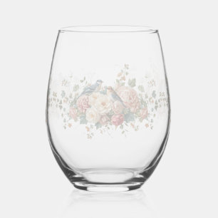Farbige Aquarell-Blumen-Vögel-Hochzeit Weinglas Ohne Stiel