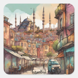 Farbige Aquarell-Istanbul-Silhouette Quadratischer Aufkleber