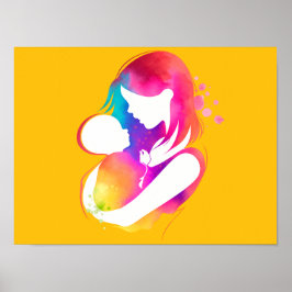 Farbige Aquarell-Mutter und Baby auf gelbem Hinter Poster