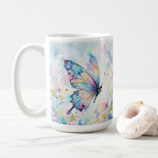 Farbige Aquarell-Schmetterlings-Blumen Kaffeetasse (Mit Donut)