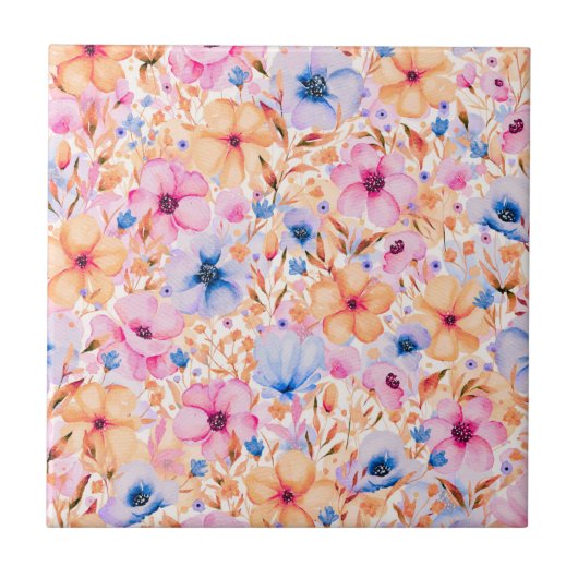 Farbige Aquarell-Wildblumen Blumenmuster Fliese (Vorderseite)