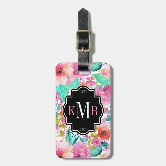 Farbige Aquarellfarben Blume Monogramm Gepäckanhänger (Vorderseite vertikal)