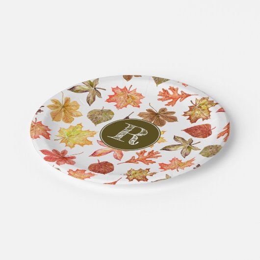 Farbige Aquarellfarben-Herbstlaub-Muster Pappteller (Schrägansicht)