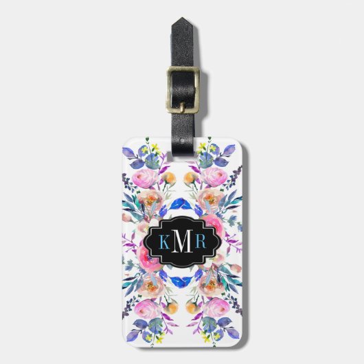 Farbige Aquarelltöne Blumendesign Monogram Gepäckanhänger (Vorderseite vertikal)