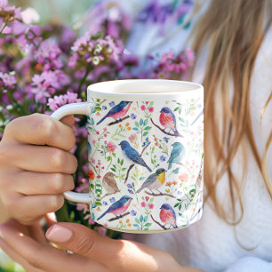 Farbige Aquarellvögel und Blume Kaffeetasse
