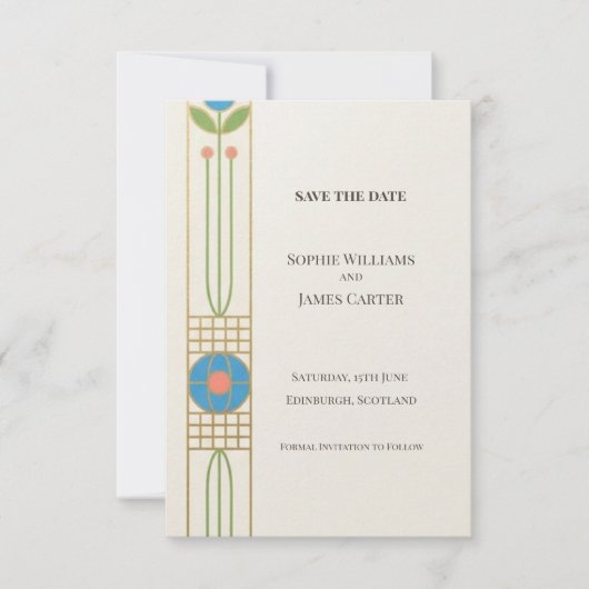 Farbige Art Deco Save The Date (Vorderseite)