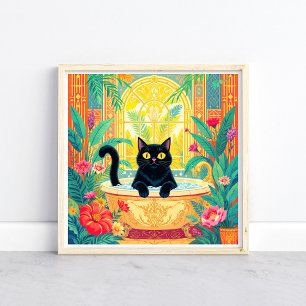 Farbige Art Deco schwarze Katze in der Badewanne Poster