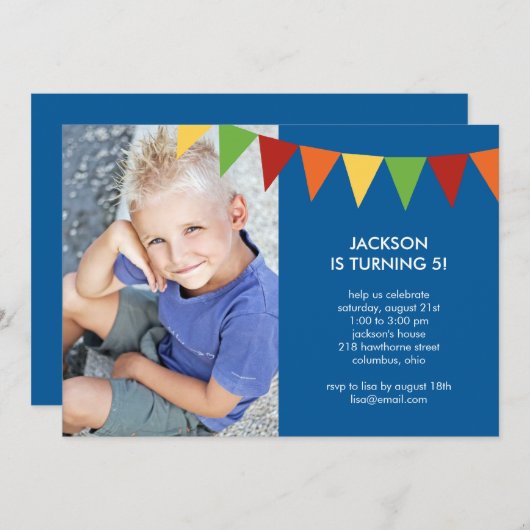 Farbige Banner Foto Geburtstag Einladung - Blau (Vorne/Hinten)