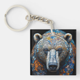 Farbige Bärenporträt in einer Bleiglas-Kunst Schlüsselanhänger