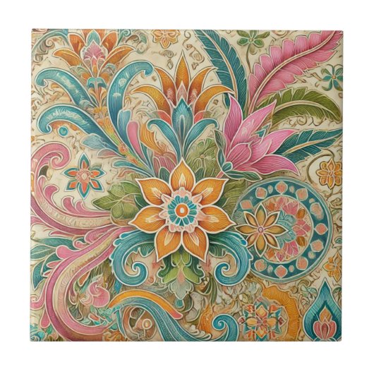 Farbige Batik-Boho-Botanik-Aquarell Fliese (Vorderseite)