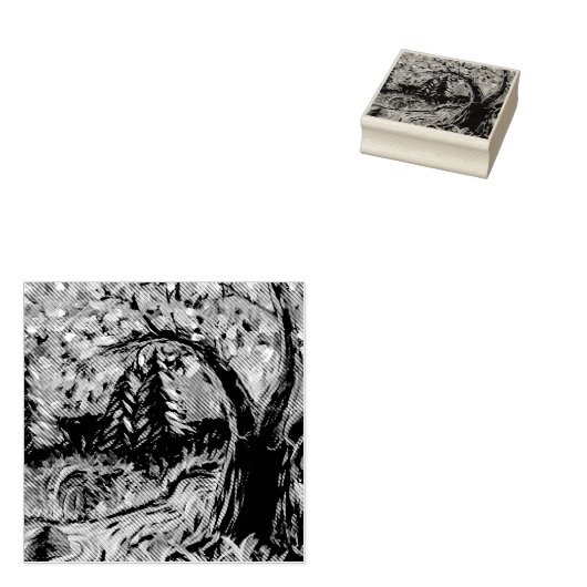 Farbige Bäume und Flussgemälde Gummistempel (Stempel)