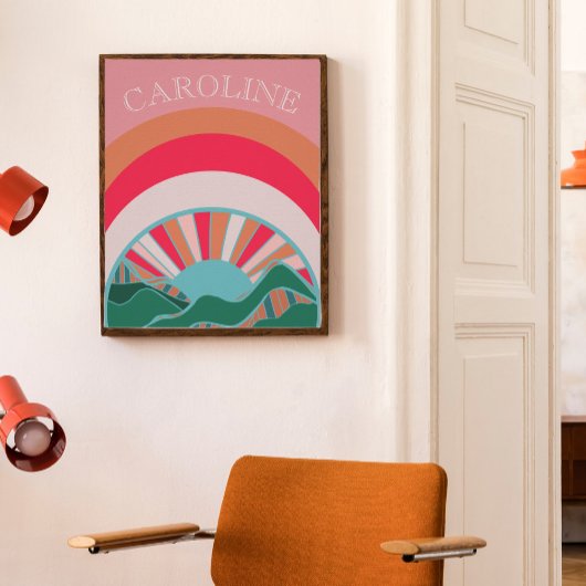 Farbige Berglandschaft Sonnenuntergang Mädchen Poster