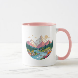 Farbige Berglandschaft und Sonnenuntergang. Tasse