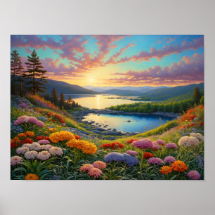 Farbige Bergsee-Blumen-Kunst Poster
