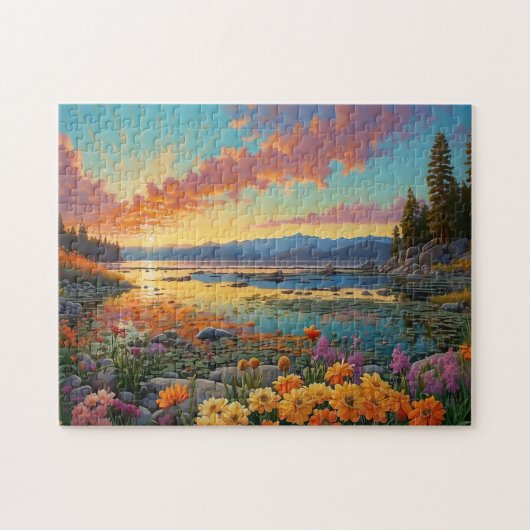 Farbige Bergsee-Blumen-Kunst Puzzle (Horizontal)