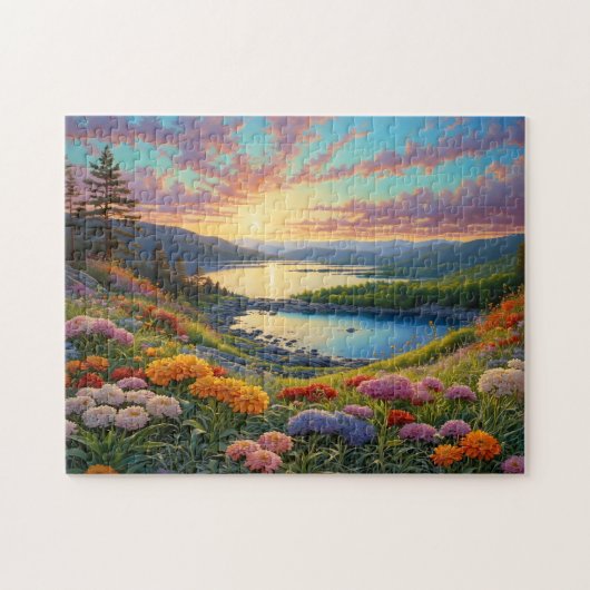 Farbige Bergsee-Blumen-Kunst Puzzle (Horizontal)