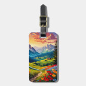 Farbige Bergszene mit Blumen Gepäckanhänger (Vorderseite vertikal)