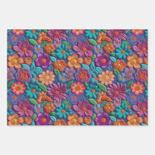 Farbige bestickte Blume Geschenkpapier Set (Vorderseite 3)