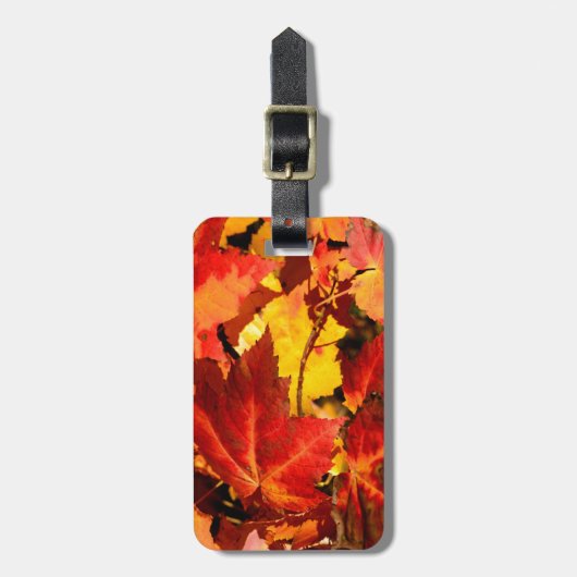 Farbige Blätter im Herbst, goldfarbenes orangefarb Gepäckanhänger (Vorderseite vertikal)