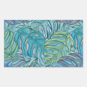 Farbige blaue grüne tropische Blätter Aquarell Rechteckiger Aufkleber