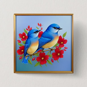 Farbige Blaue Vögel sitzen zwischen roten Blumen Button