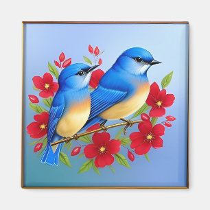 Farbige Blaue Vögel sitzen zwischen roten Blumen Magnet