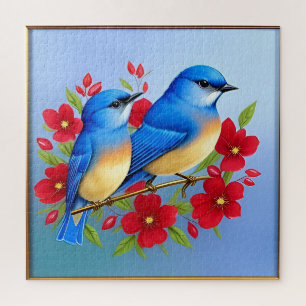 Farbige Blaue Vögel sitzen zwischen roten Blumen Puzzle