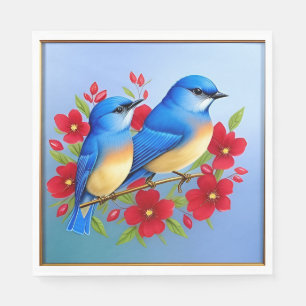 Farbige Blaue Vögel sitzen zwischen roten Blumen Serviette