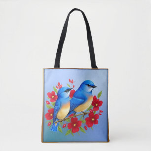 Farbige Blaue Vögel sitzen zwischen roten Blumen Tasche