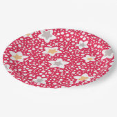 Farbige Blume auf einem Retro-Polka-Punkt-Hintergr Pappteller (Schrägansicht)