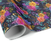 Farbige Blume auf schwarzem Vintagem Muster Geschenkpapier (Rolleneckpunkt)