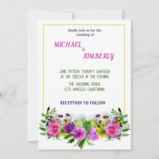 Farbige Blume goldener Rahmen Hochzeitseinladung Einladung (Vorderseite)