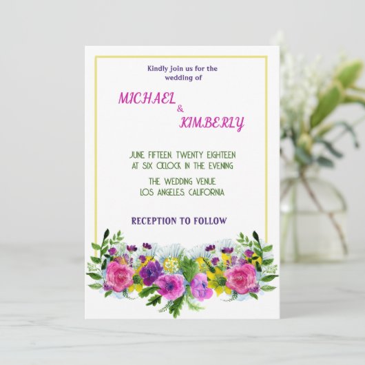 Farbige Blume goldener Rahmen Hochzeitseinladung Einladung (Stehend Vorderseite)