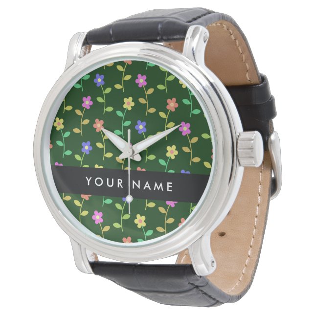 Farbige Blume, grüner Hintergrund, schwarz Armbanduhr (Schrägansicht)
