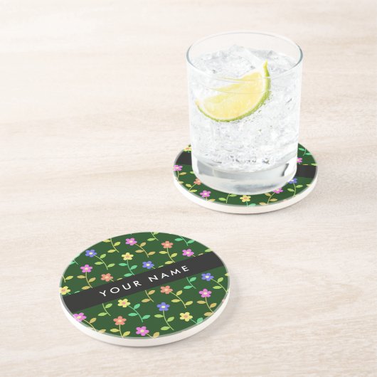 Farbige Blume, grüner Hintergrund, schwarz Getränkeuntersetzer (Seite)