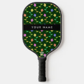 Farbige Blume, grüner Hintergrund, schwarz Pickleball Schläger (Vorderseite)