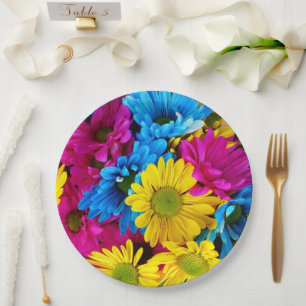 Farbige Blume, Milchprodukte - Blau-Gelb-Rosa Pappteller