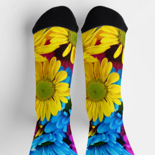 Farbige Blume, Milchprodukte - Blau-Gelb-Rosa Socken