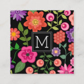 Farbige Blume mit Schwarz-Hintergrund-Monogramm Quadratische Visitenkarte (Vorderseite)