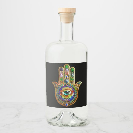 Farbige Blume Petals Türkis drittes Auge Hamsa Alkoholflaschenetikett (Vorderseite)