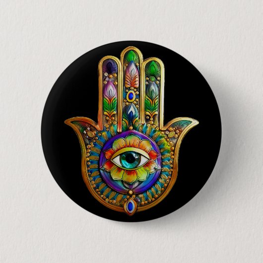 Farbige Blume Petals Türkis drittes Auge Hamsa Button (Vorderseite)
