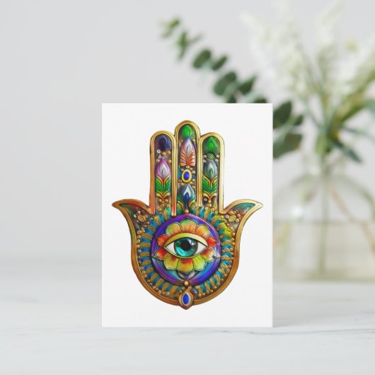 Farbige Blume Petals Türkis drittes Auge Hamsa Postkarte (Stehend Vorderseite)