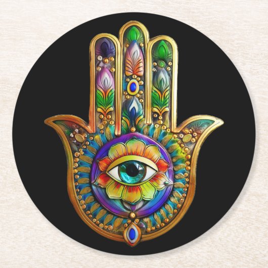 Farbige Blume Petals Türkis drittes Auge Hamsa Runder Pappuntersetzer (Vorderseite)
